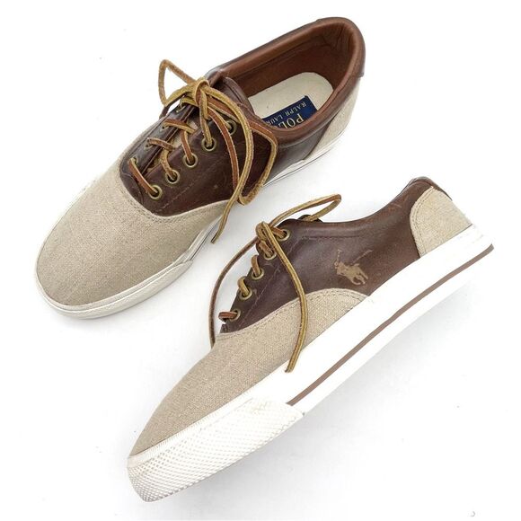 Polo Ralph Lauren Vaughn Saddle Shoes Mens Size 9 Linen Leather Low Top Sneakers - Picture 1 of 15